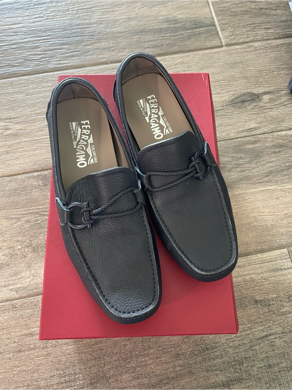 Salvatore Ferragamo Black Pebbled Leather Driver Loafers